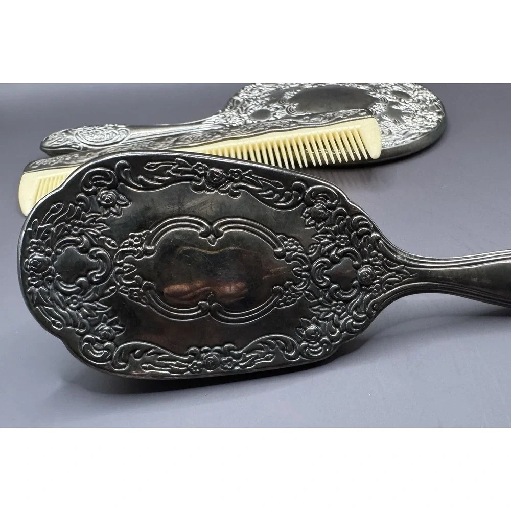 Vintage 3 Piece Silver Plated Vanity Set Ornate Heavy Hand Mirror Comb & Brush